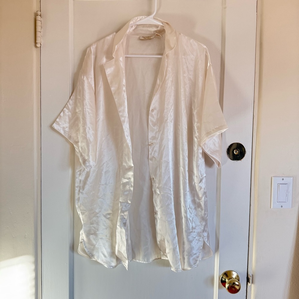 Victoria's Secret Ivory Satin Button-Up Sleep Shirt